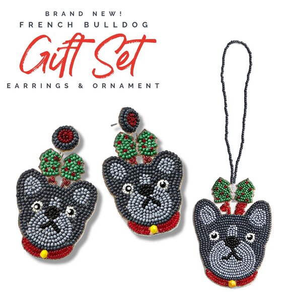 FRENCHIE FRENCH BULLDOG Dog Breed Seed Beaded Earrings & Christmas Ornament SET - Picture 1 of 6